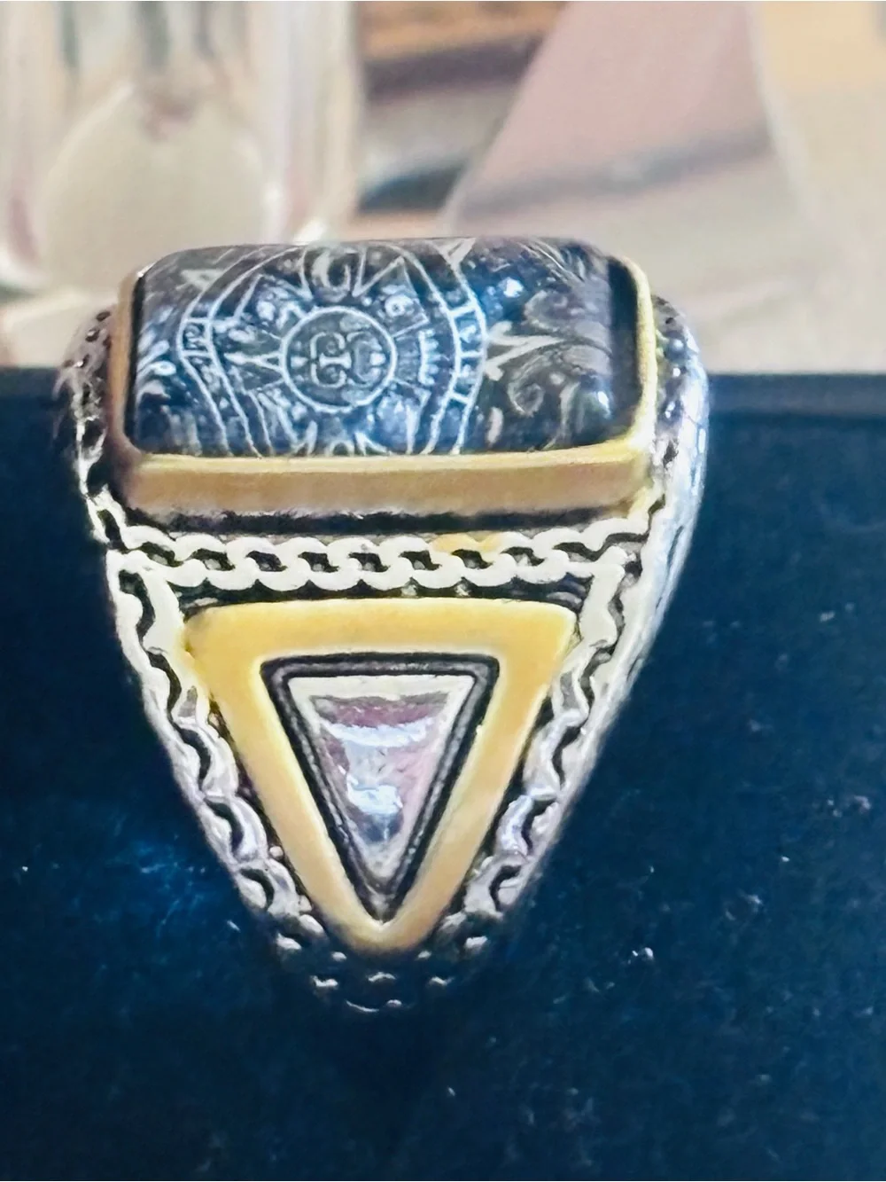 Two-Tone Aztec Motif Men's Signet Ring in Black and Gold Size 11.5
